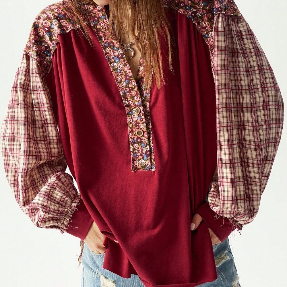Burgundy Casual Women's Loose Knitted Patchwork Blouse - Picture 5 of 6